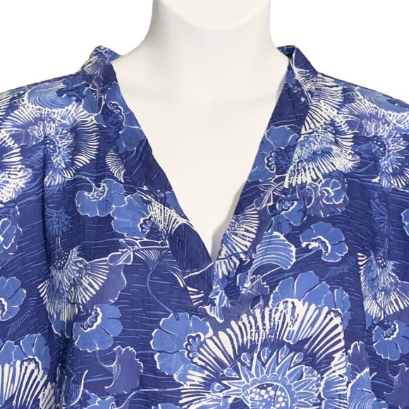 Pure Nordic Cotton House Dress Medium Beach Cover Kaftan Boho Blue Floral & Lace - Picture 2 of 8